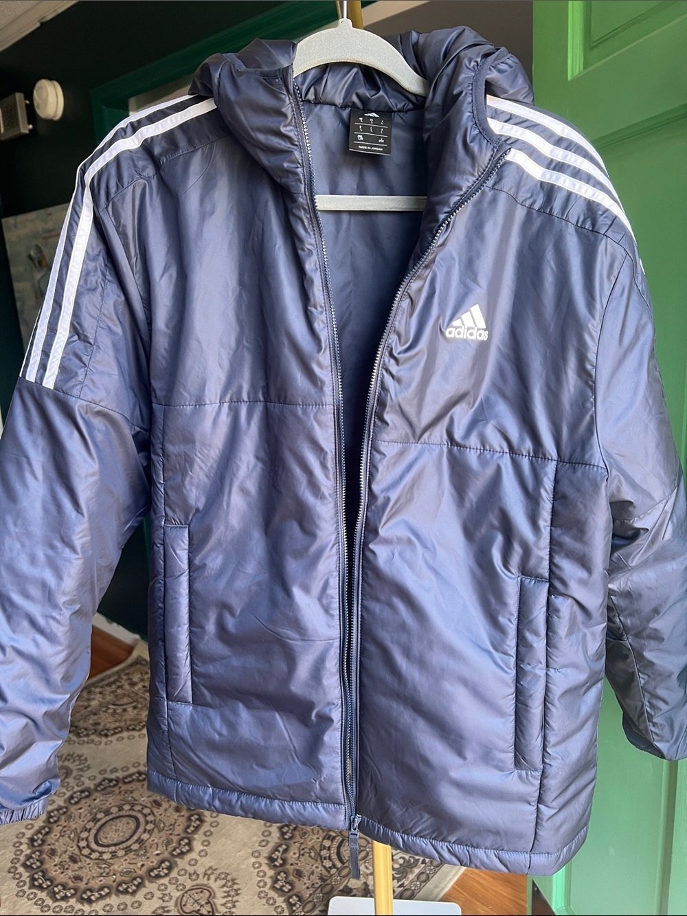 adidas women’s Navy Hooded Quilted Puffer Jacket with White Stripes Size Large